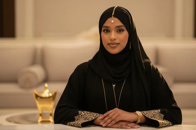 امرأة إماراتية بالعباءة السوداء داخل مجلس حديث