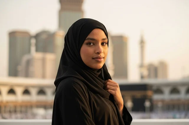 Saudi Woman at the Grand Mosque in Mecca at Sunset Saudi Woman at the Grand Mosque in Mecca at Sunset