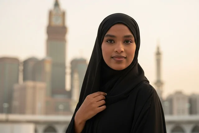 A Saudi woman in an abaya in front of the Clock Tower in Mecca at sunset. A Saudi woman in an abaya in front of the Clock Tower in Mecca at sunset.
