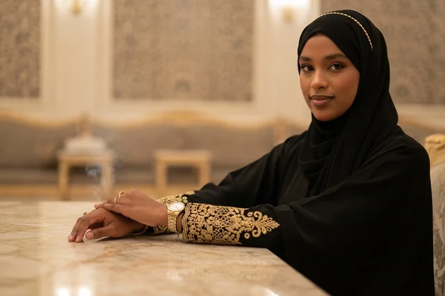 Emirati Woman in Black Embroidered Abaya and Hijab