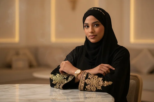 Emirati Woman in Traditional Black Abaya with Gold Embroidery