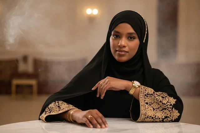 Emirati Woman in Traditional Black Abaya and Gold Jewelry