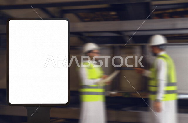 مهندسان عربيان خليجيان سعوديان يرتديان خوذة و سترة وقاية خاصة بالعمل يقومان بالإشراف على العمل و التدقيق على  تطوير آلية الإنتاج داخل مصنع الحديد ، لوحة يونيبول إعلانية تجارية مضيئة بيضاء ، إعلانات تسويقية ، موك أب لوحة إعلانية 