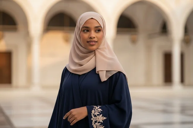 Emirati Woman in Blue Abaya at Mosque Courtyard