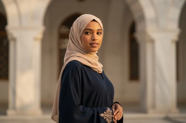 Emirati Woman in Black Abaya at Traditional Courtyard
