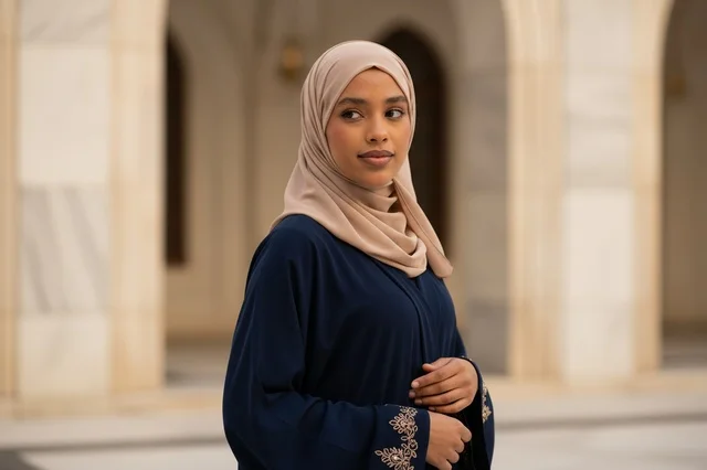 A Saudi woman in an abaya in a traditional arched courtyard.