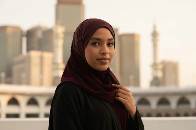 A Saudi woman in an abaya in front of the Clock Tower in Mecca at sunset. A Saudi woman in an abaya in front of the Clock Tower in Mecca at sunset.
