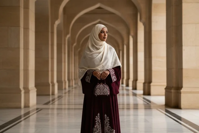 Emirati Woman in Traditional Abaya Under Stone Arches