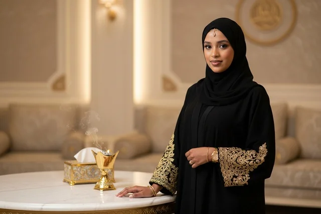 A Saudi woman in an embroidered abaya with a incense burner in a luxurious gathering.