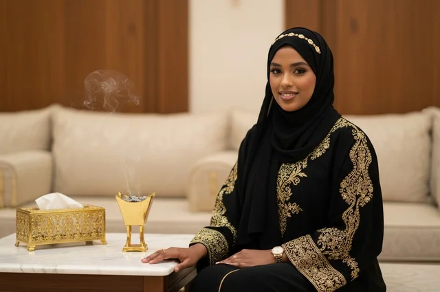 امرأة سعودية بالعباءة المطرزة مع مبخرة في مجلس فاخر