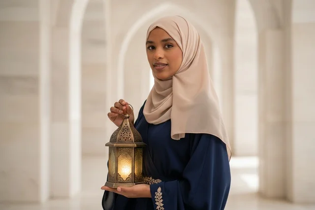A Saudi woman in an abaya in a traditional arched courtyard.