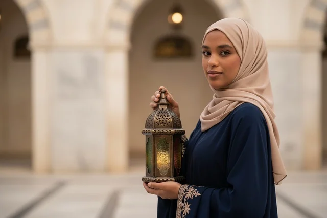 Arab Woman in Abaya Holding Ramadan Lantern in Mosque