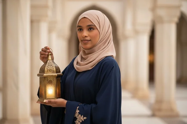 Emirati Woman in Mosque Holding Ramadan Lantern