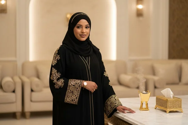 Saudi Woman in Embroidered Abaya with Incense Burner