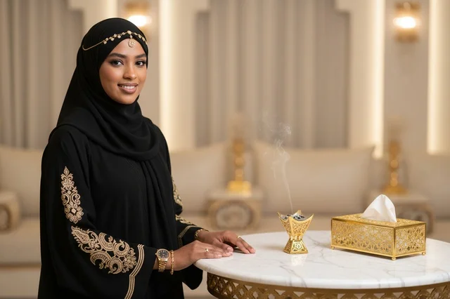 Emirati Woman in Black Abaya with Traditional Incense Burner