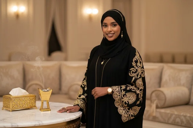 امرأة سعودية بالعباءة المطرزة مع مبخرة في مجلس فاخر