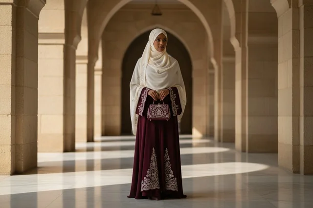 Saudi Woman in Traditional Jalabiya and Hijab in Arched Hall