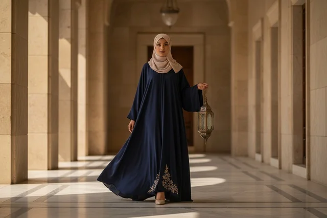 Saudi Woman in Navy Abaya Holding Lantern in Corridor