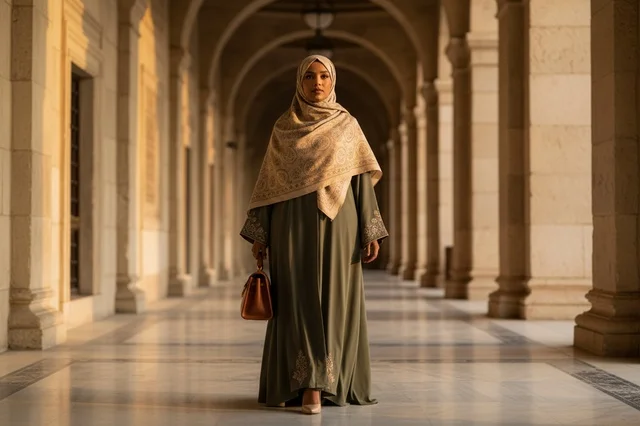 امرأة عربية بعباءة خضراء وحجاب في ممر معماري