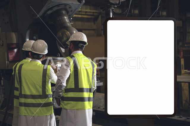 مهندسون عرب خليجيون سعوديون يرتدون خوذة و سترة وقاية خاصة بالعمل يقومون بالإشراف و التدقيق على  تطوير آلية الإنتاج داخل مصنع الحديد ، لوحة يونيبول إعلانية تجارية مضيئة بيضاء ، إعلانات دعائية و تسويقية ، موك أب لوحة إعلانية 