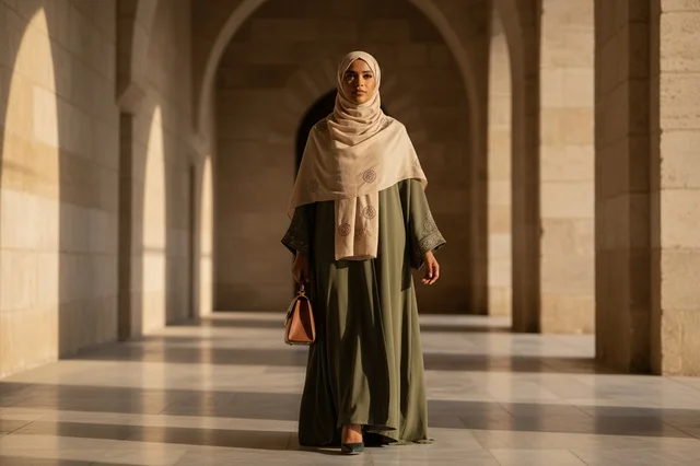 Arab Woman in Green Abaya Walking Through Stone Arches