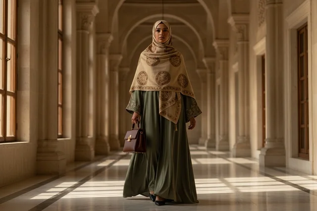 امرأة عربية بعباءة خضراء وحجاب في ممر معماري