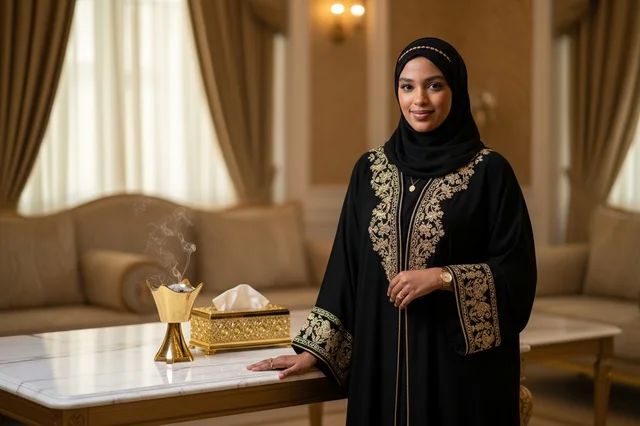 امرأة إماراتية بالعباءة المطرزة مع المبخر في المجلس