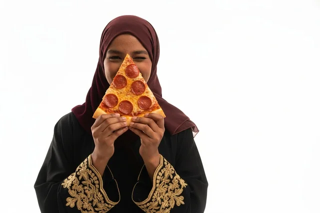 امرأة إماراتية بالعباءة تحمل شريحة بيتزا ببروني
