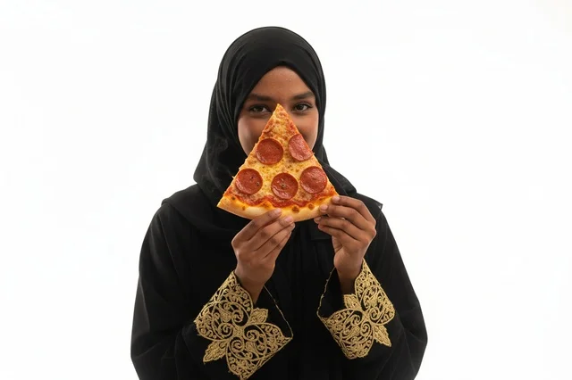 Emirati Woman in Abaya Holding Pepperoni Pizza Slice