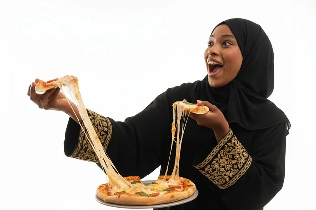 An Emirati woman in an abaya holding a slice of pepperoni pizza.
