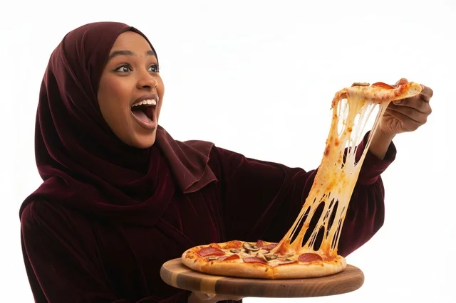 امرأة إماراتية بالعباءة تحمل شريحة بيتزا ببروني امرأة إماراتية بالعباءة تحمل شريحة بيتزا ببروني