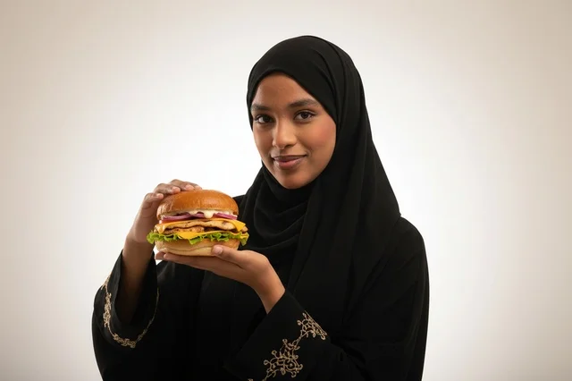 Saudi Woman in Abaya Holding Chicken Burger Saudi Woman in Abaya Holding Chicken Burger