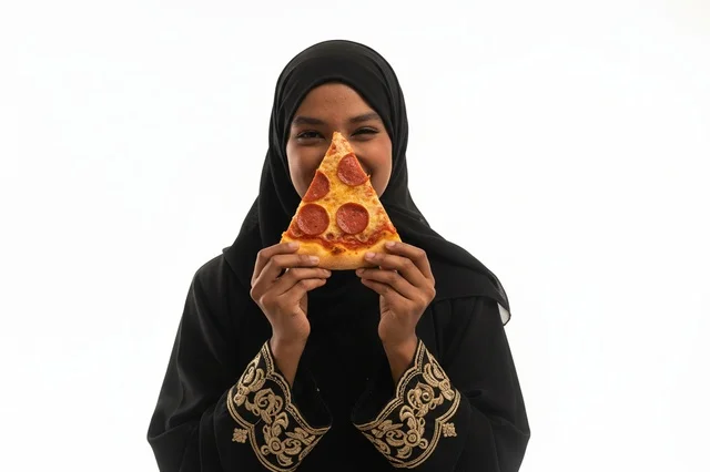 امرأة إماراتية بالعباءة تحمل شريحة بيتزا ببروني