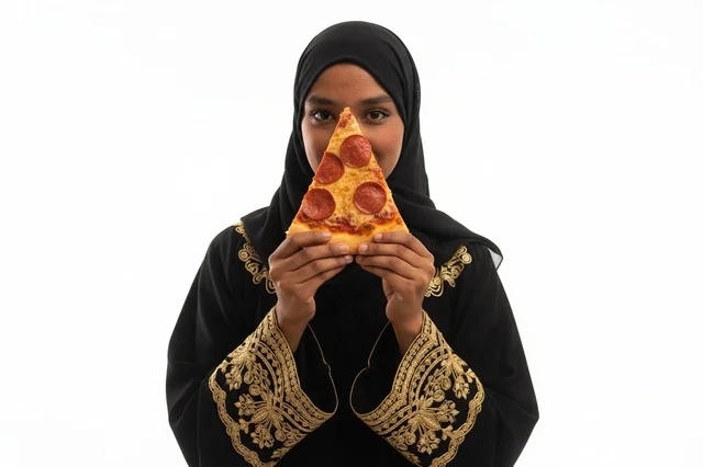 Emirati Woman in Abaya Holding Pepperoni Pizza