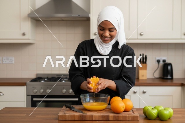 شيف أفريقية تقوم بعصر البرتقال الطازج في المطبخ