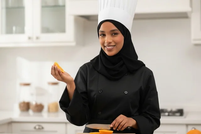 Arab Female Chef in Hijab Slicing Fruit in Kitchen