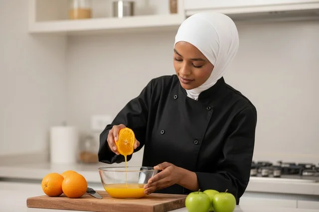 طاهية سعودية تعصر البرتقال الطازج في المطبخ