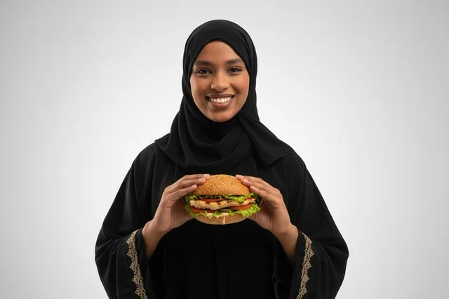 Emirati Woman in Abaya Holding Chicken Burger