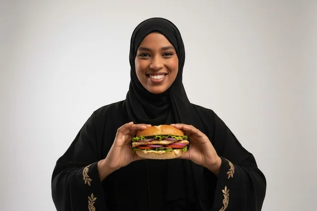 Emirati Woman in Abaya Holding a Chicken Burger Emirati Woman in Abaya Holding a Chicken Burger