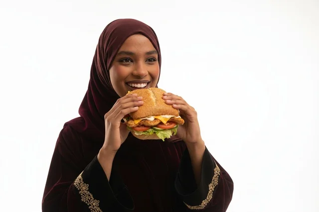 Arab Woman Eating Chicken Burger on White Background