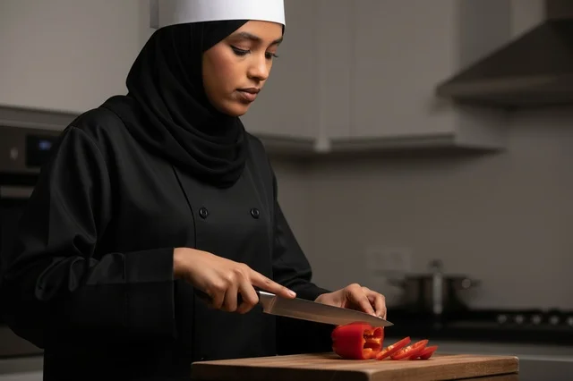 Female Muslim Chef Cutting Red Pepper in Kitchen