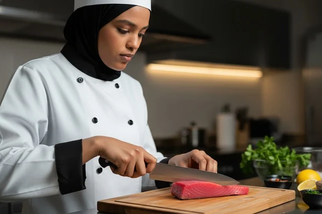 شيف مسلمة تقوم بتقطيع سمك التونة في مطبخ حديث