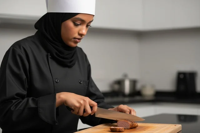 طاهية محجبة تقطع اللحم في مطبخ احترافي