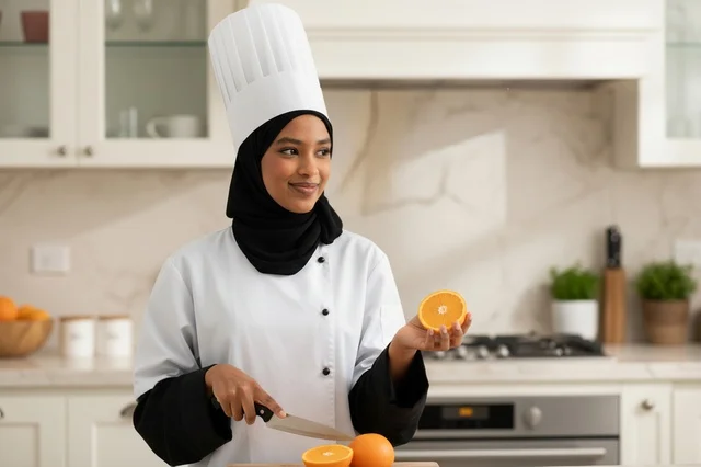 شيف عربية محجبة تحضر البرتقال في مطبخ حديث