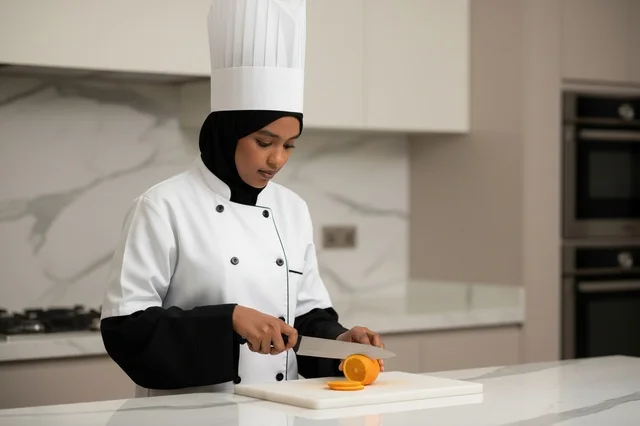 Saudi Female Chef Slicing Orange in Modern Kitchen