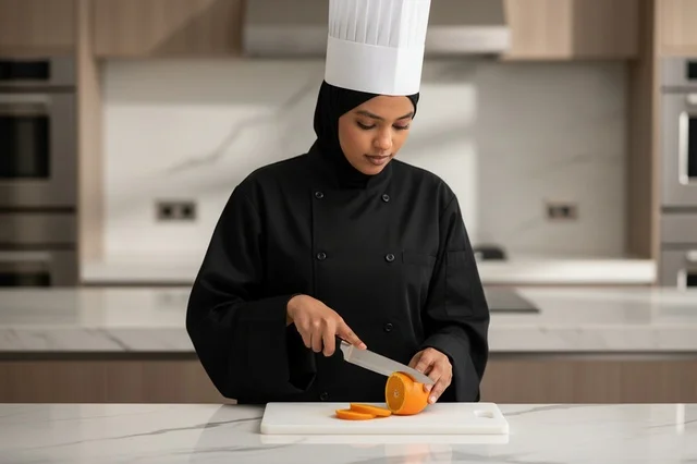 Saudi Female Chef Cutting Orange in Modern Kitchen