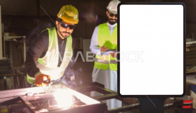 مهندسان سعوديان يعملان في داخل المصنع يرتديان خوذة و سترة حماية و قناع خاص بالعمل ، الإشراف والتدقيق في العمل ، تسجيل الملاحظات ، لوحة يونيبول إعلانية تجارية مضيئة بيضاء ، إعلانات دعائية و تسويقية ، موك أب لوحة إعلانية 