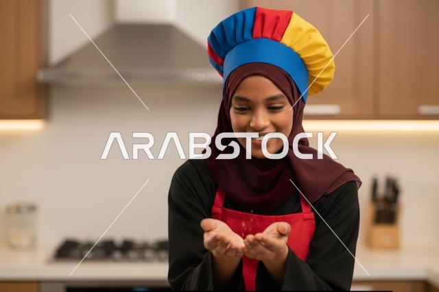 An Arab chef with flying cookies in the kitchen.