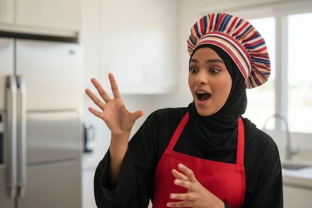 Surprised Arab Female Chef in Modern Kitchen