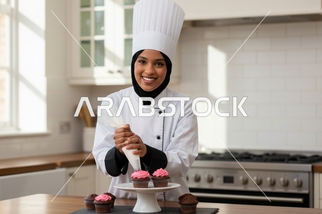 شيف عربية محجبة تزين الكب كيك في المطبخ